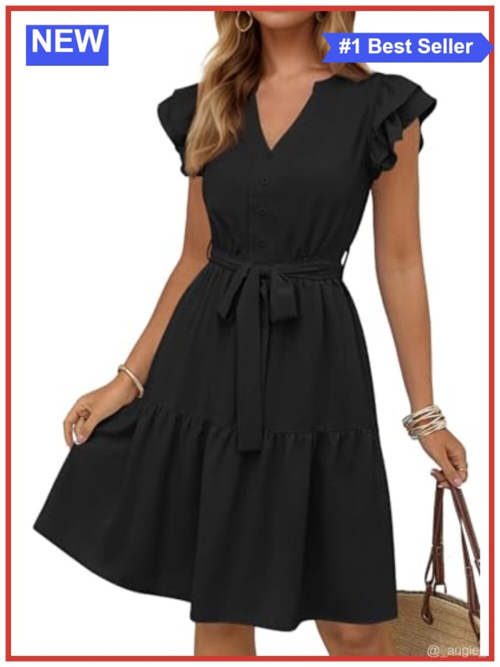 Womens Flutter Sleeve A Line Knee Length Summer Dress Tie Belt V Neck